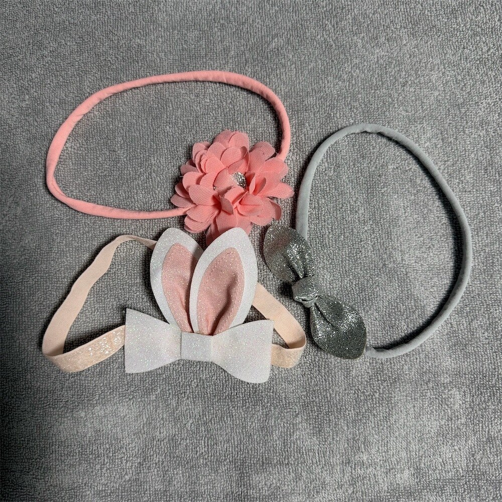 3pc Baby Girl Headband Set Pink Flower Bunny Ears Glitter Bow Gray Bands